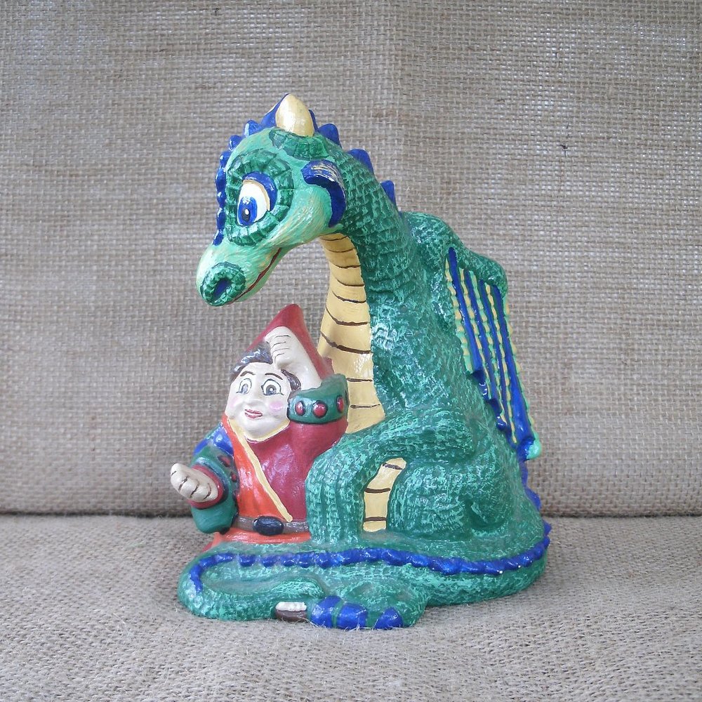 Vintage Handmade Ceramic Dragon & Wizard Figurine
